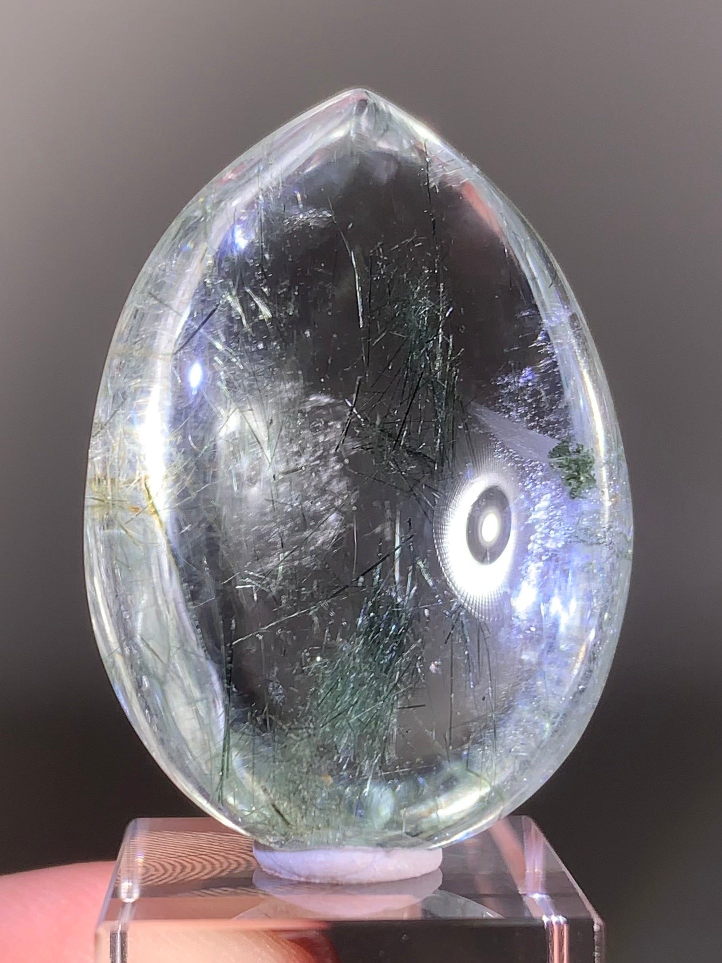 Rare Green Rutile in Clear Quartz Polished Teardrop from Brazil