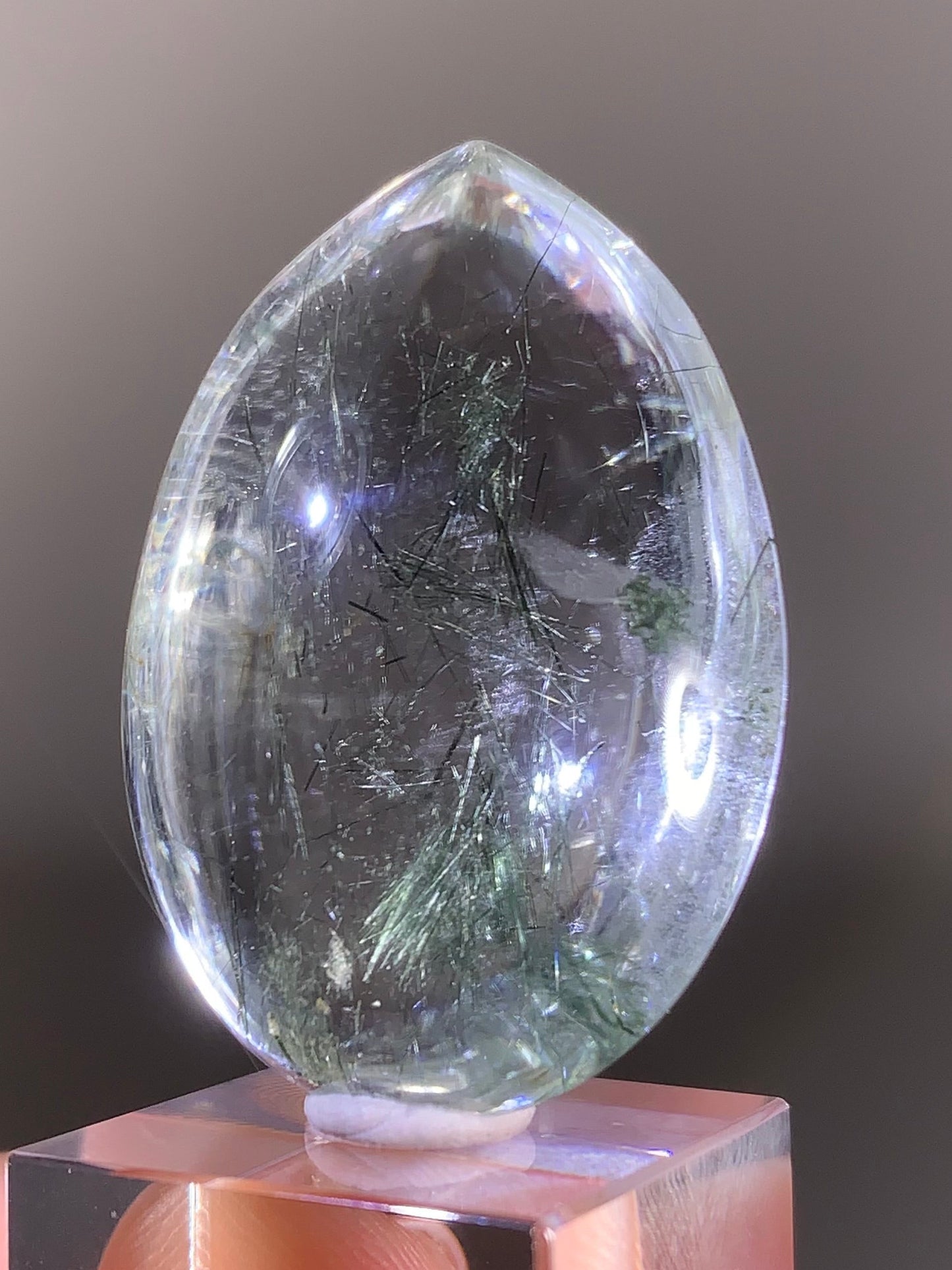 Rare Green Rutile in Clear Quartz Polished Teardrop from Brazil