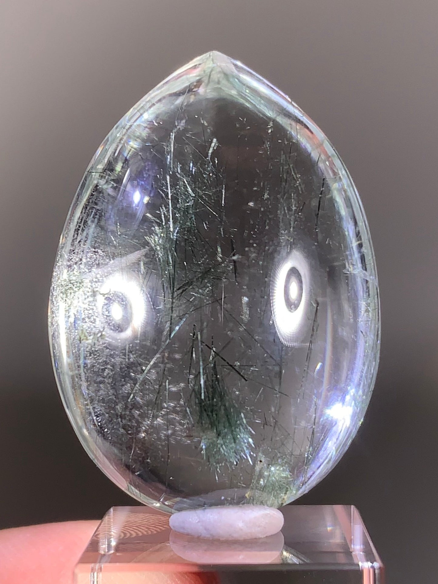 Rare Green Rutile in Clear Quartz Polished Teardrop from Brazil