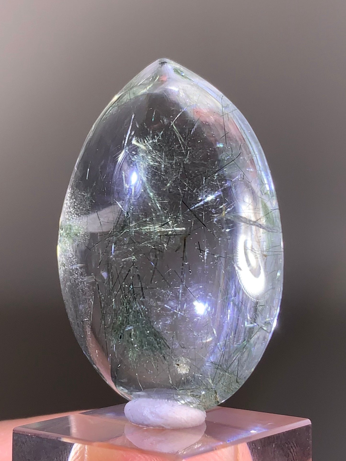Rare Green Rutile in Clear Quartz Polished Teardrop from Brazil