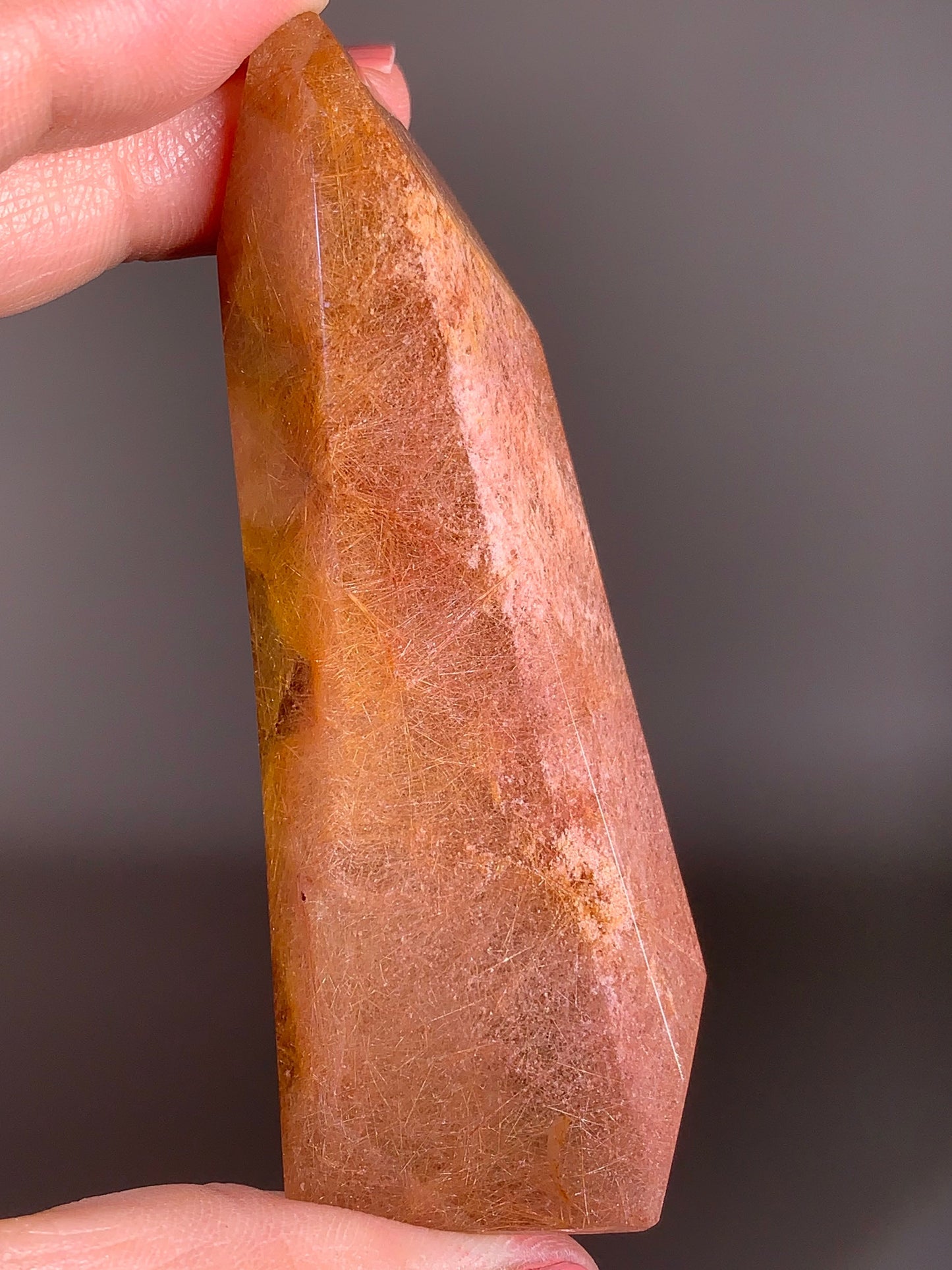 Unique Densely Packed Gold Rutile Quartz with Pink Lodolite Polished Tower from Brazil