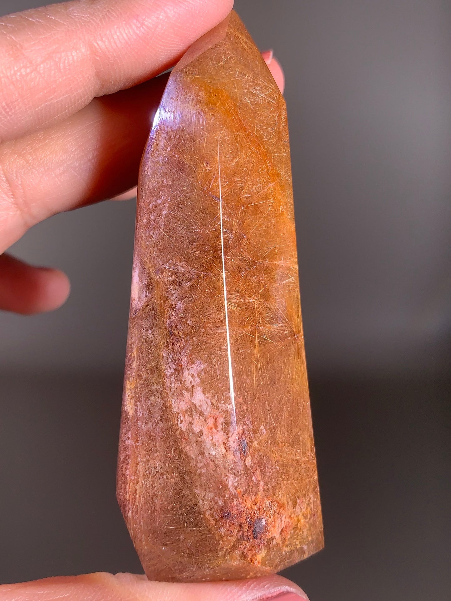 Unique Densely Packed Gold Rutile Quartz with Pink Lodolite Polished Tower from Brazil
