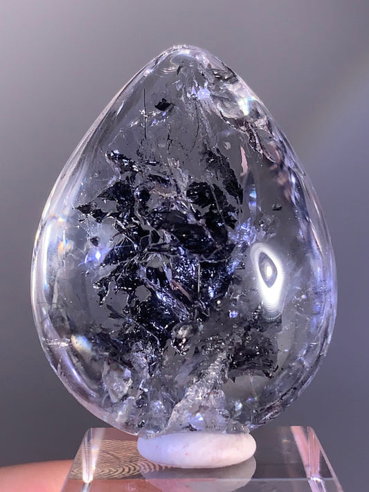 High-Grade Polished Enhydro Quartz Teardrop with Falling Carbon Sand