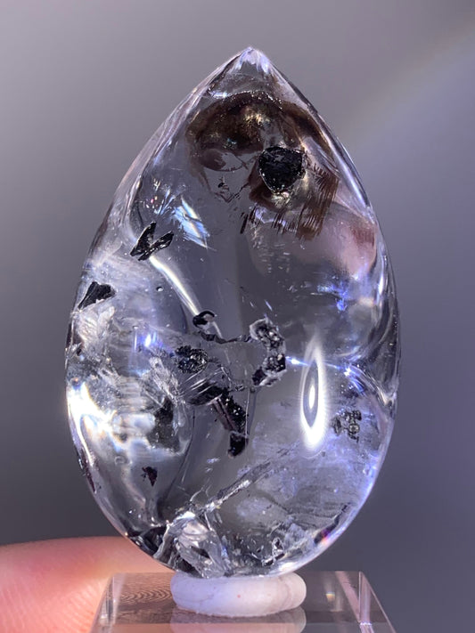 High-Grade Polished Enhydro Quartz Teardrop with Falling Carbon Sand