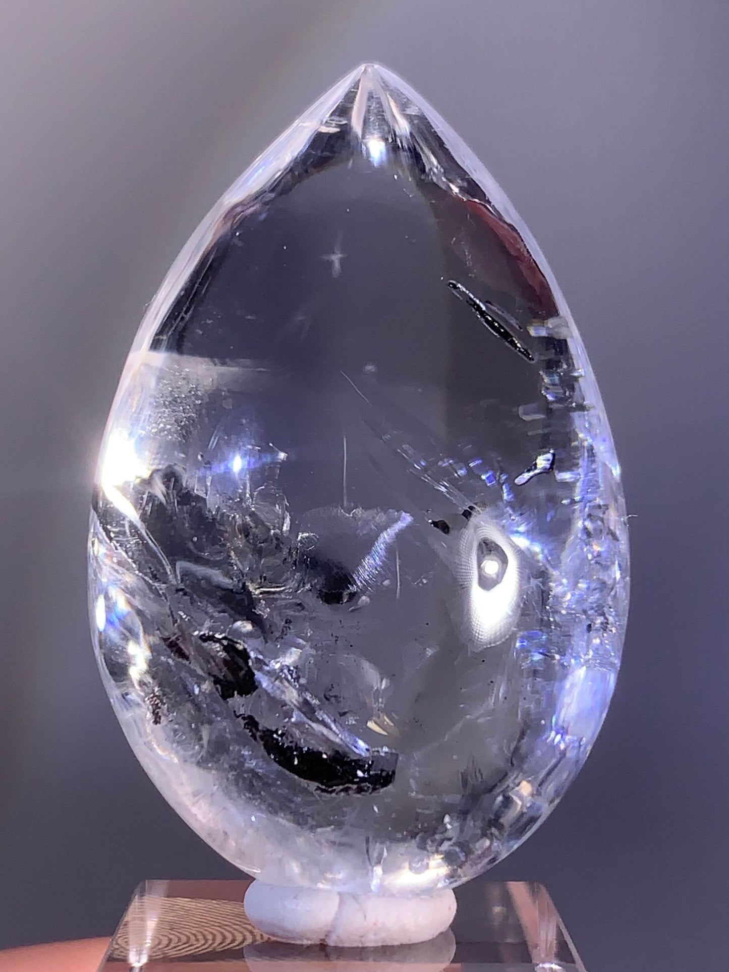 High-Grade Polished Enhydro Quartz Teardrop with Falling Carbon Sand
