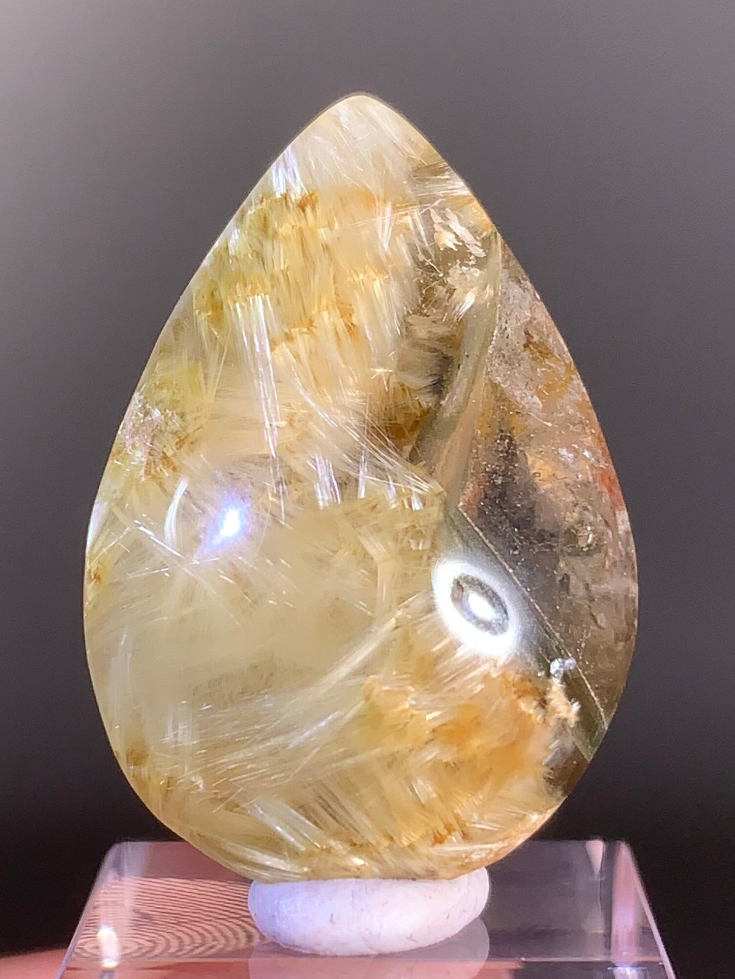 High-Quality Unique Gold Rutilated Quartz with Green & Pink Garden Inclusions | Polished Teardrop Crystal