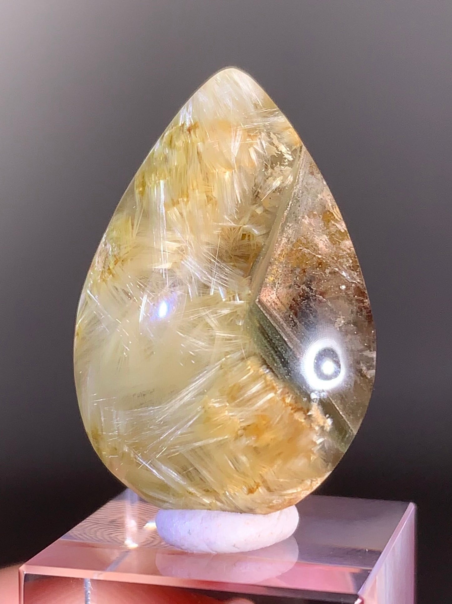 High-Quality Unique Gold Rutilated Quartz with Green & Pink Garden Inclusions | Polished Teardrop Crystal