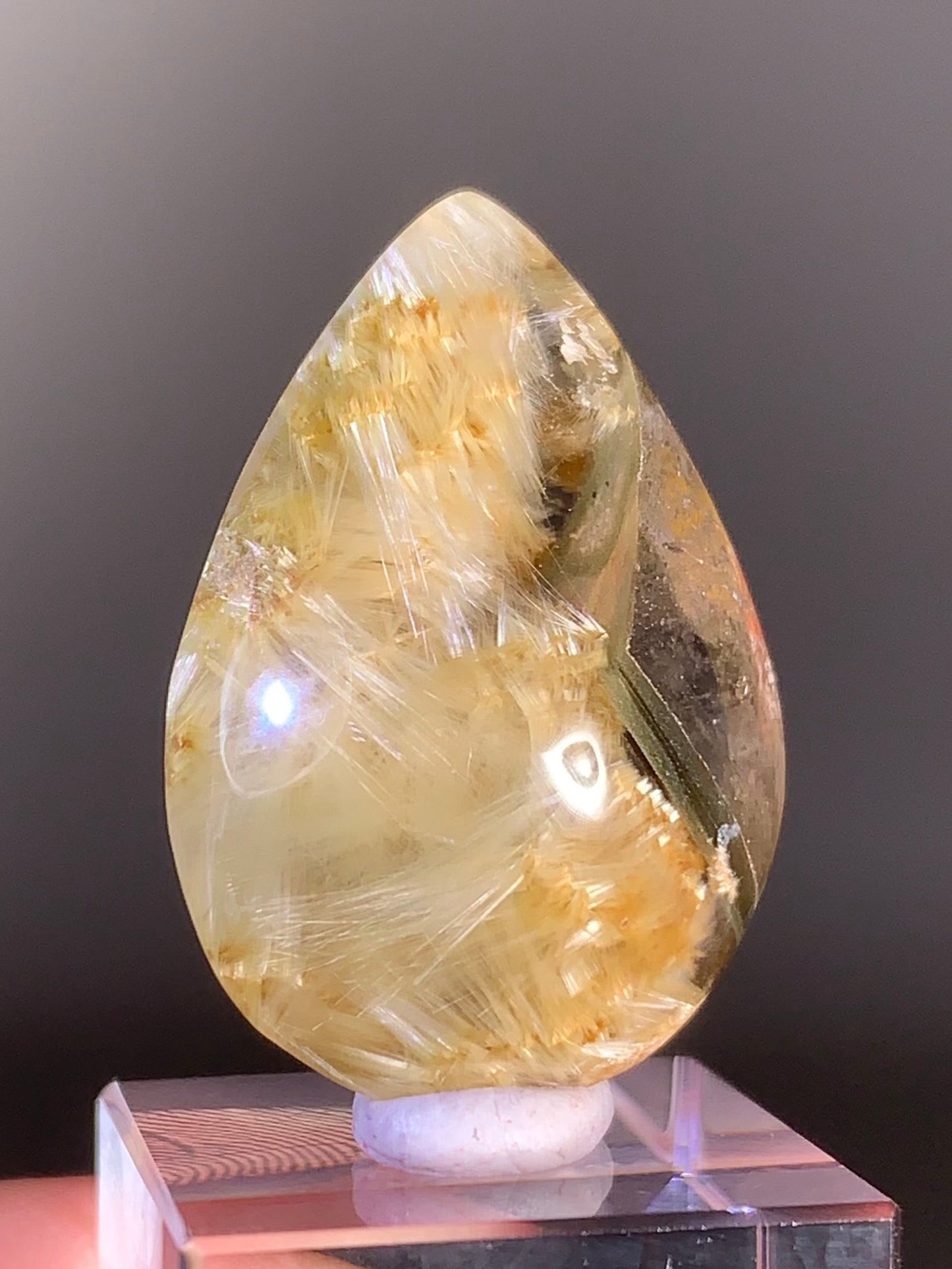 High-Quality Unique Gold Rutilated Quartz with Green & Pink Garden Inclusions | Polished Teardrop Crystal