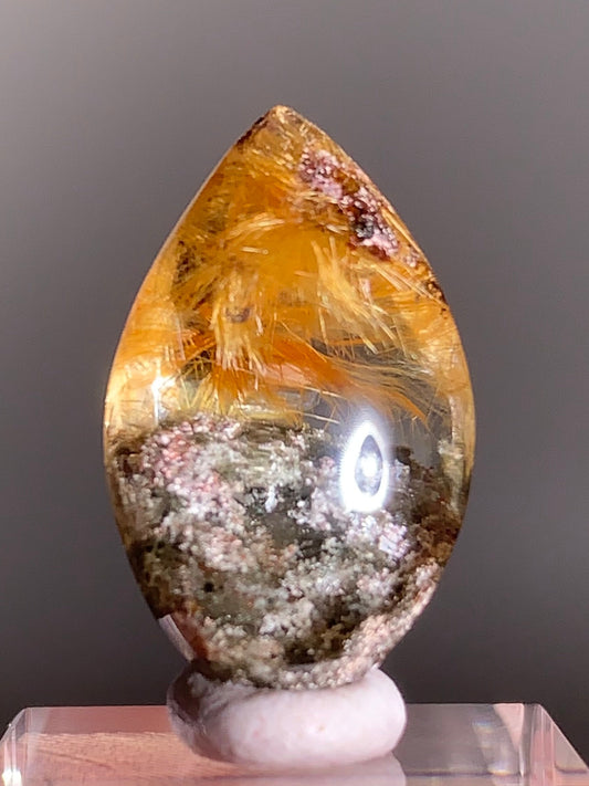 Gold Rutilated Quartz with Green and Pink Garden Inclusions | Polished Cabochon from Brazil