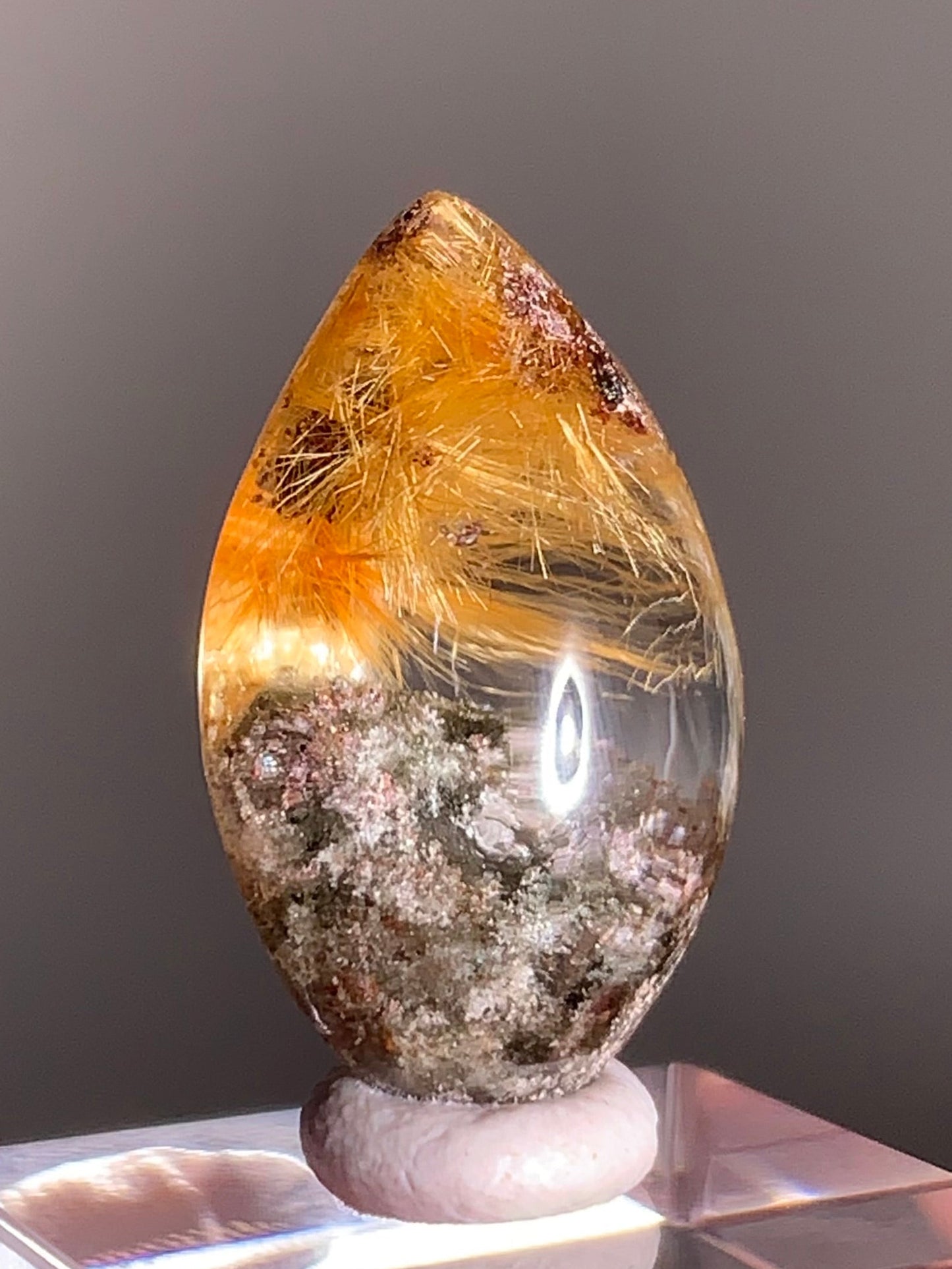 Gold Rutilated Quartz with Green and Pink Garden Inclusions | Polished Cabochon from Brazil