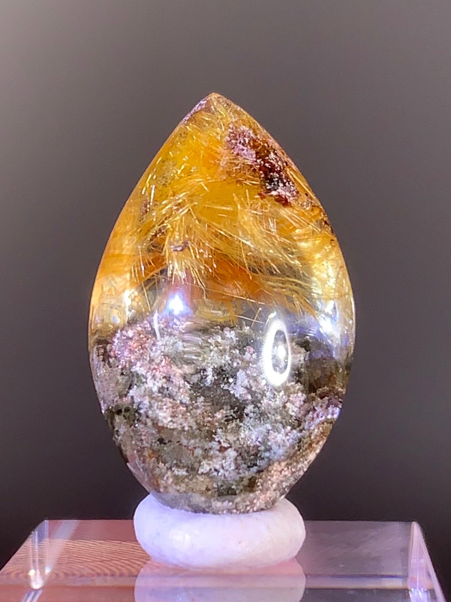 Gold Rutilated Quartz with Green and Pink Garden Inclusions | Polished Cabochon from Brazil