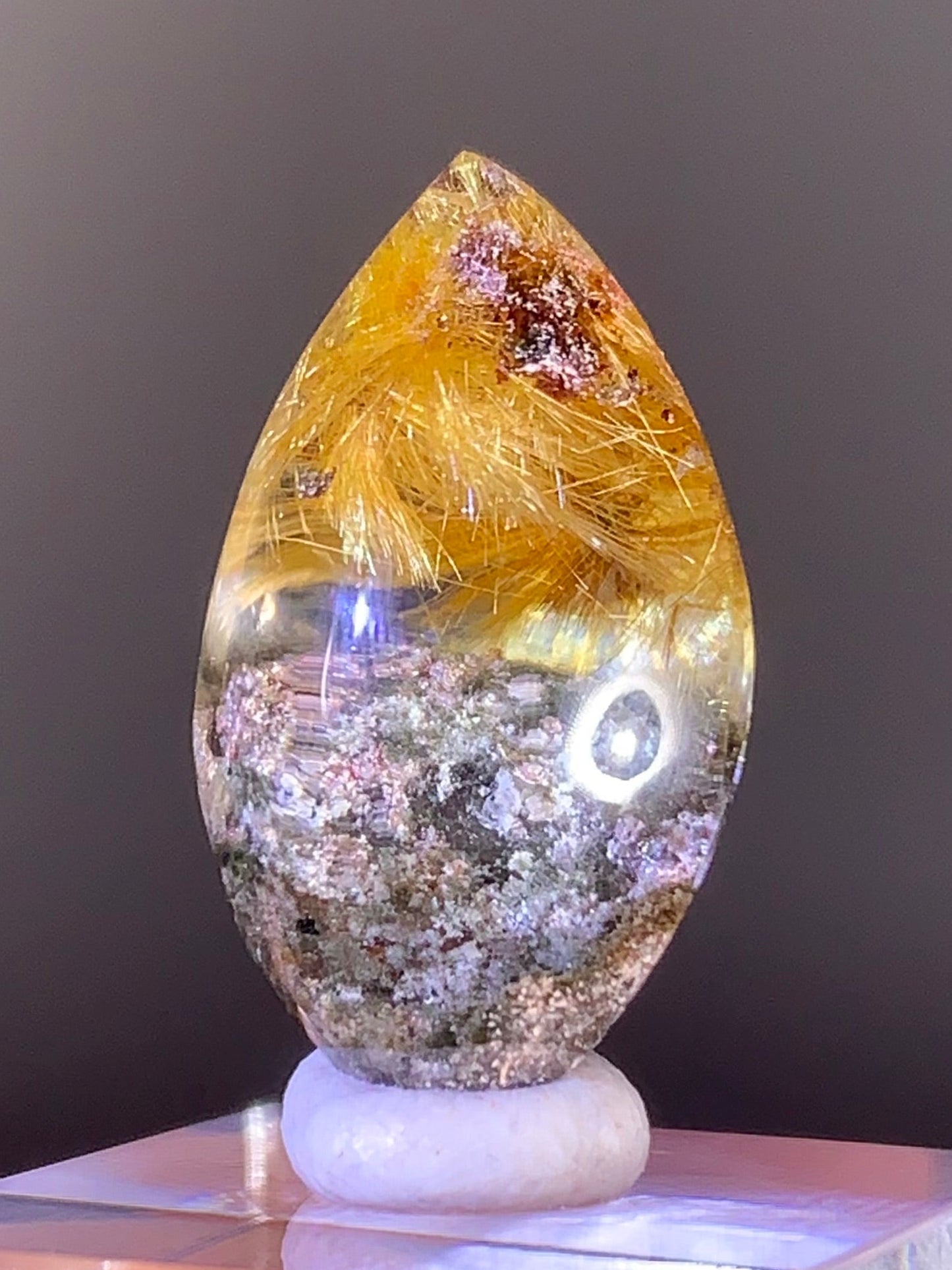 Gold Rutilated Quartz with Green and Pink Garden Inclusions | Polished Cabochon from Brazil