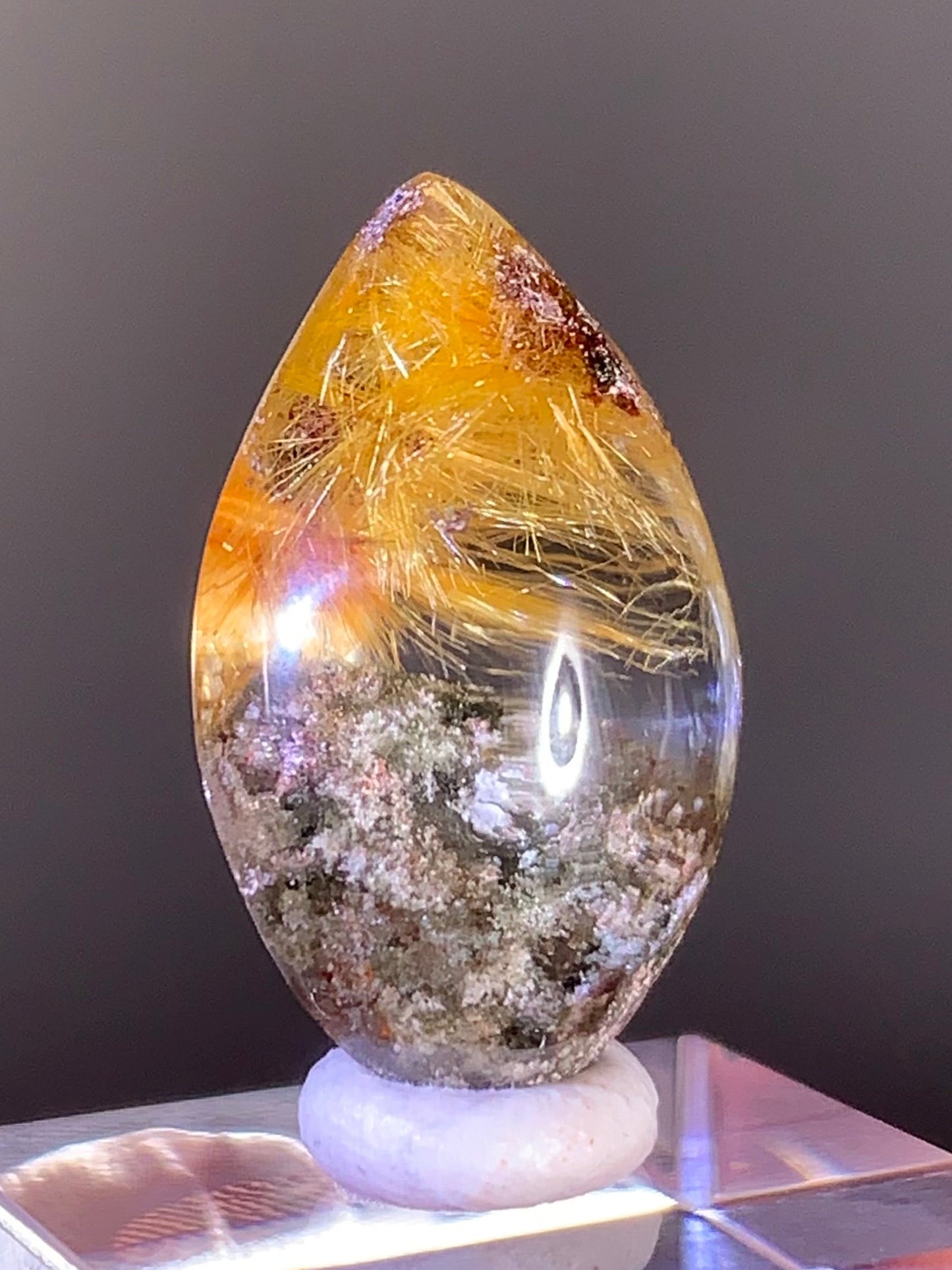 Gold Rutilated Quartz with Green and Pink Garden Inclusions | Polished Cabochon from Brazil