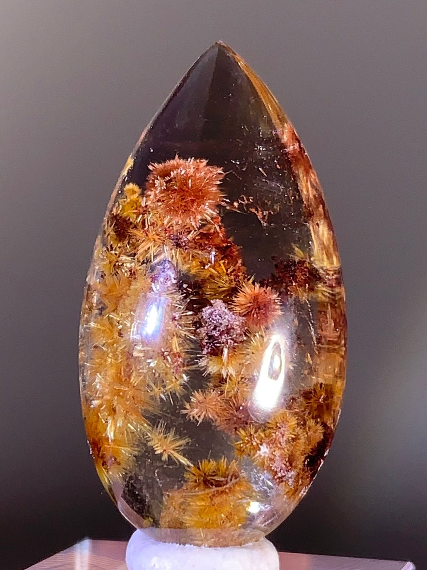 Collector’s Grade Gold & Red Flower Rutilated Quartz Cabochon from Brazil