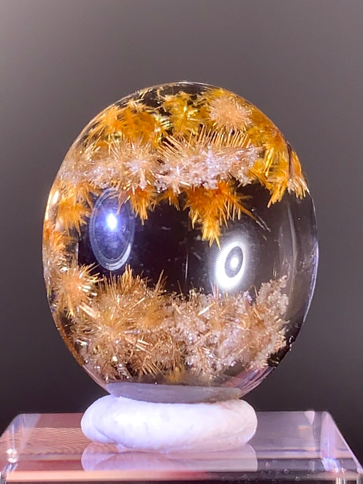 Collector’s Grade Starburst & Snowflake Gold Rutilated Quartz with Multiple Tiny Manifestations | Cabochon from Brazil