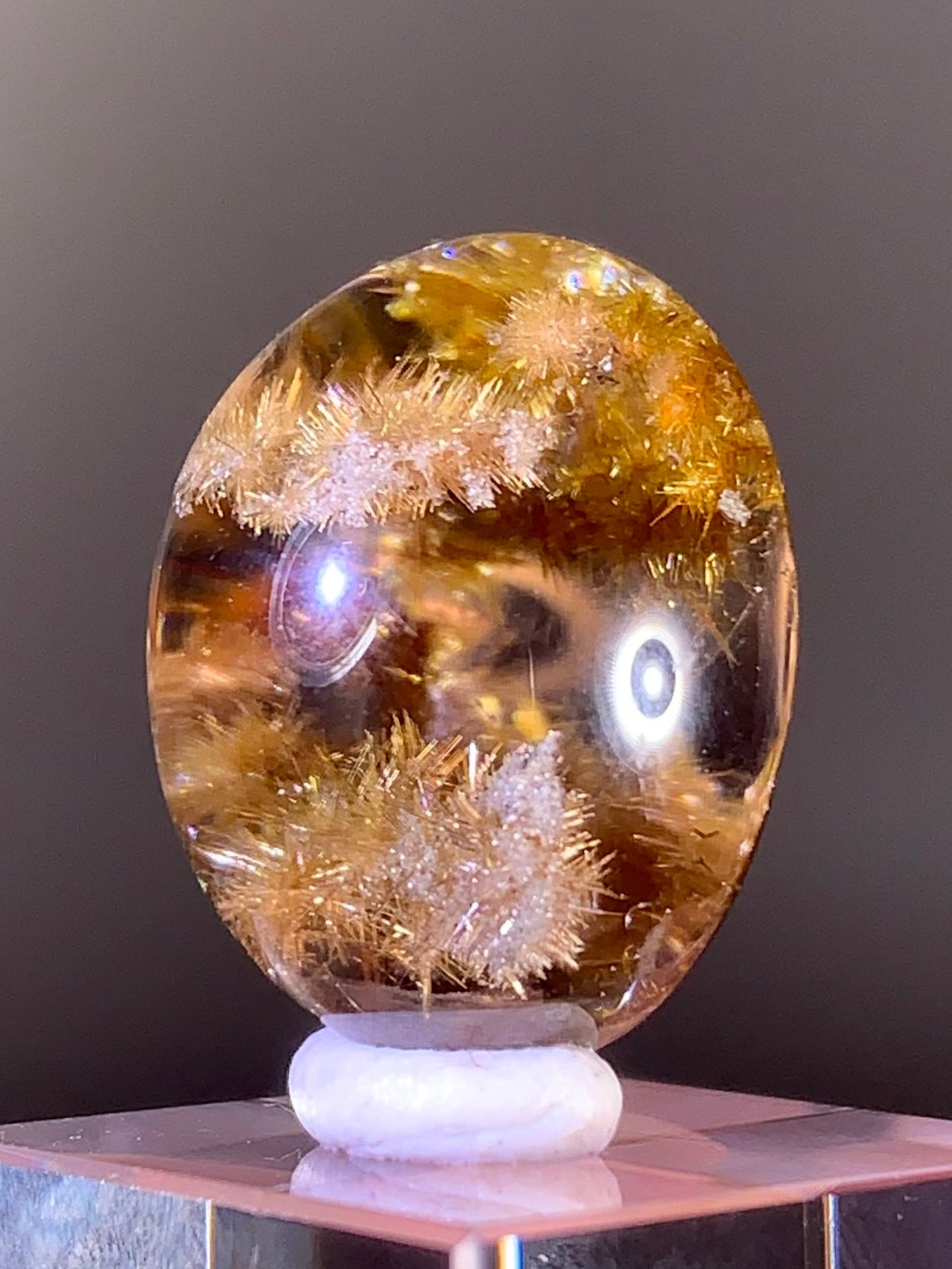 Collector’s Grade Starburst & Snowflake Gold Rutilated Quartz with Multiple Tiny Manifestations | Cabochon from Brazil