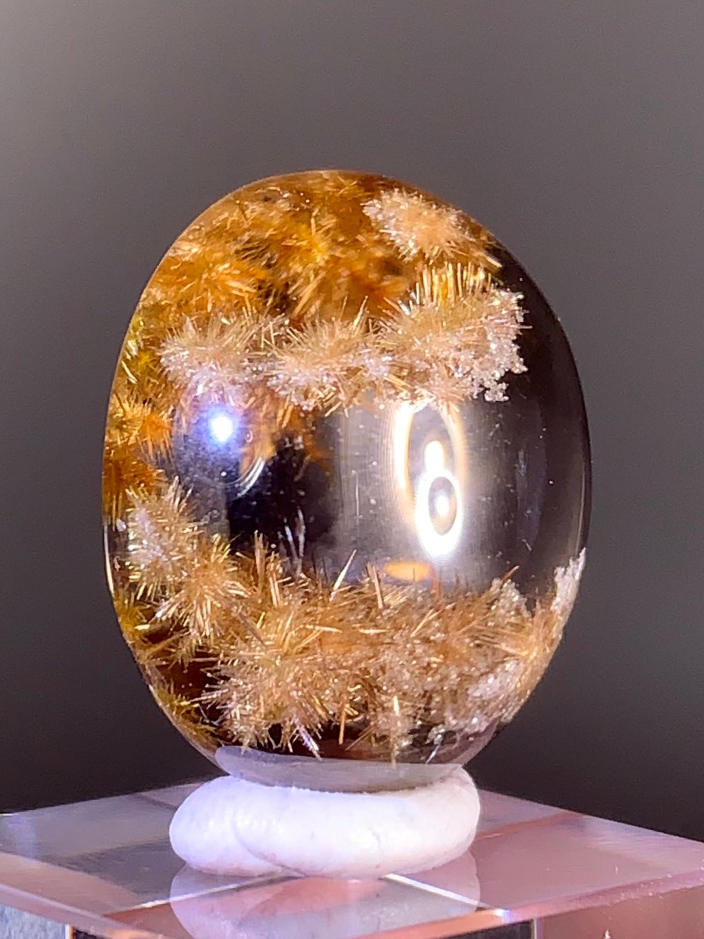 Collector’s Grade Starburst & Snowflake Gold Rutilated Quartz with Multiple Tiny Manifestations | Cabochon from Brazil