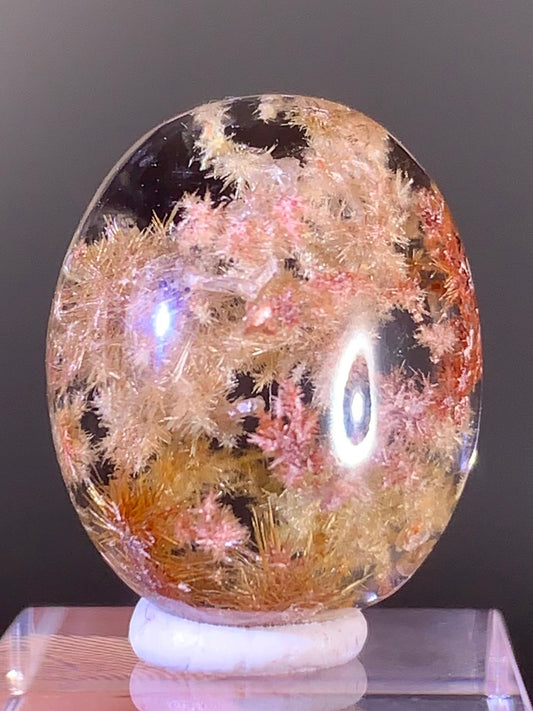 Collector’s Grade Gold, Pink & Red Copper Flower Rutilated Quartz Cabochon from Brazil