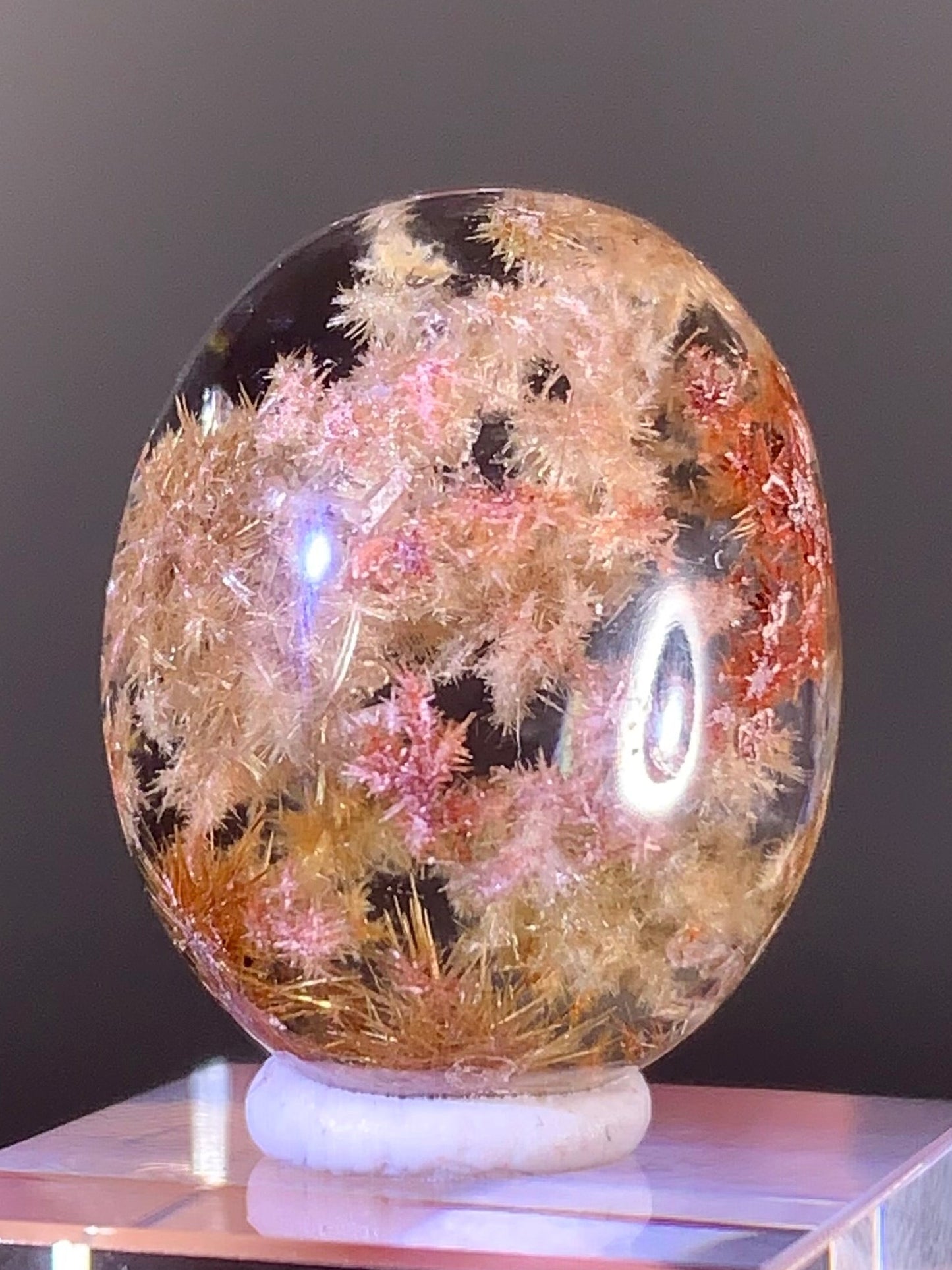 Collector’s Grade Gold, Pink & Red Copper Flower Rutilated Quartz Cabochon from Brazil