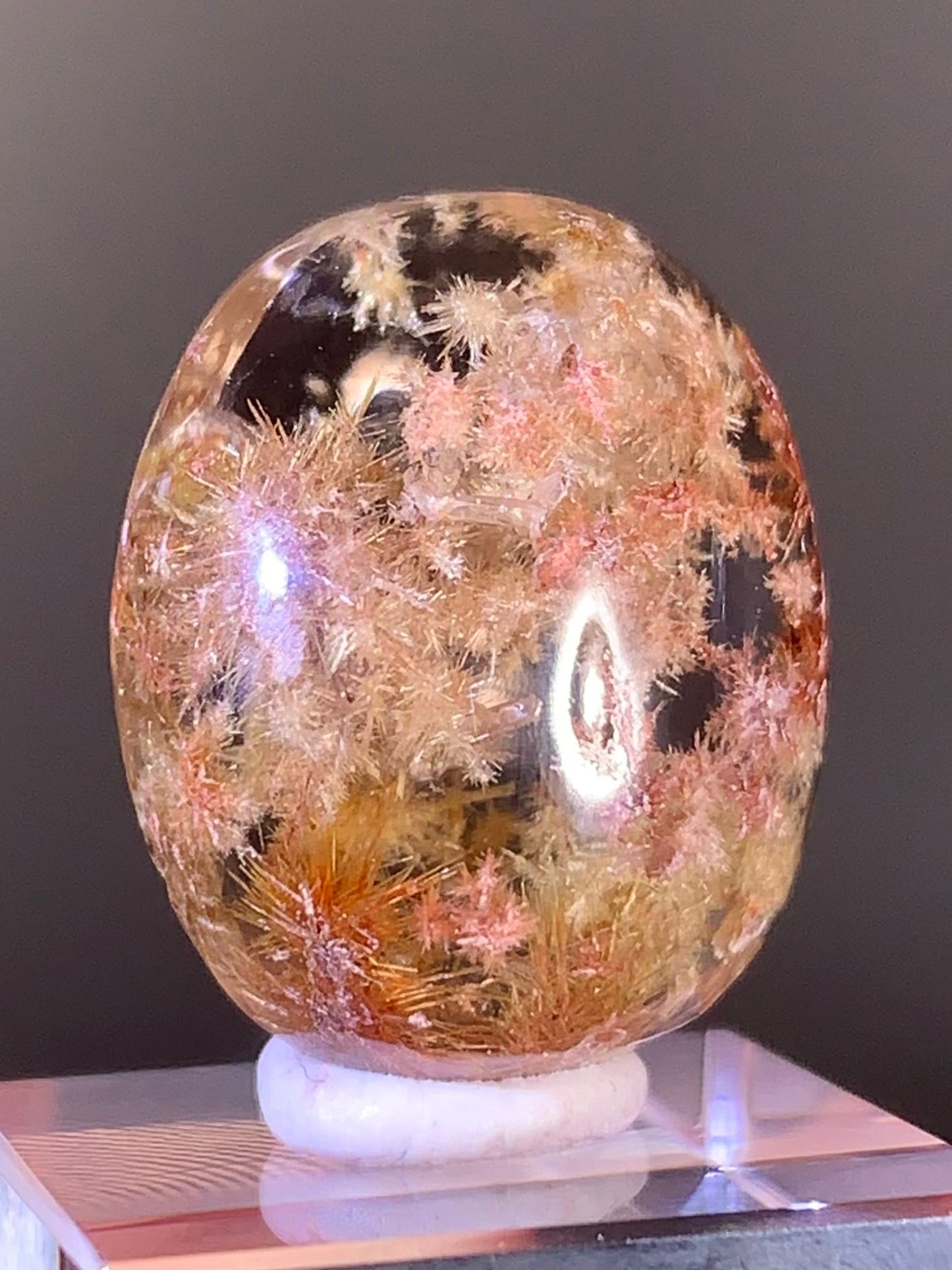 Collector’s Grade Gold, Pink & Red Copper Flower Rutilated Quartz Cabochon from Brazil