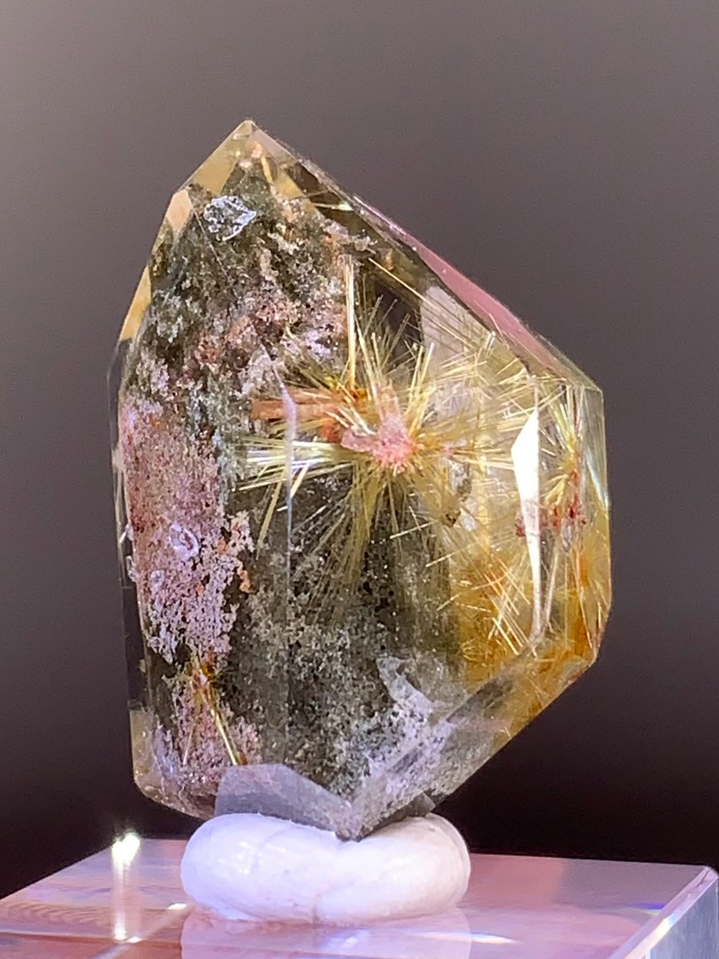 Collector’s Piece Scenic Gold Rutile with Green & Pink Garden Quartz from Brazil