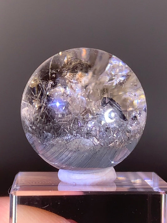 Collector’s Piece Grey Amphibole with Silver Rutile and Quartz in Quartz Manifestation Sphere from Brazil