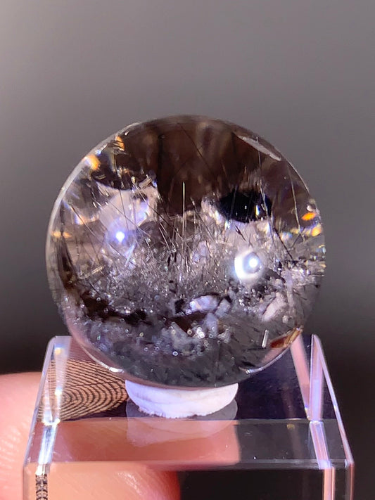 Collector’s Piece Grey Amphibole with Silver Rutile and Quartz in Quartz Manifestation Sphere from Brazil
