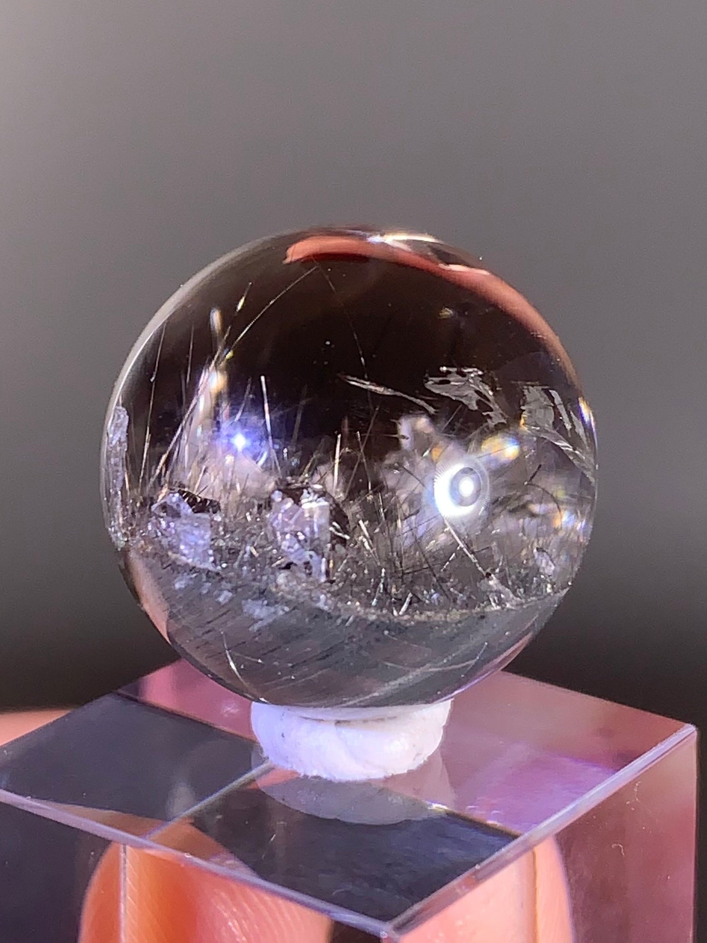 Collector’s Piece Grey Amphibole with Silver Rutile and Quartz in Quartz Manifestation Sphere from Brazil