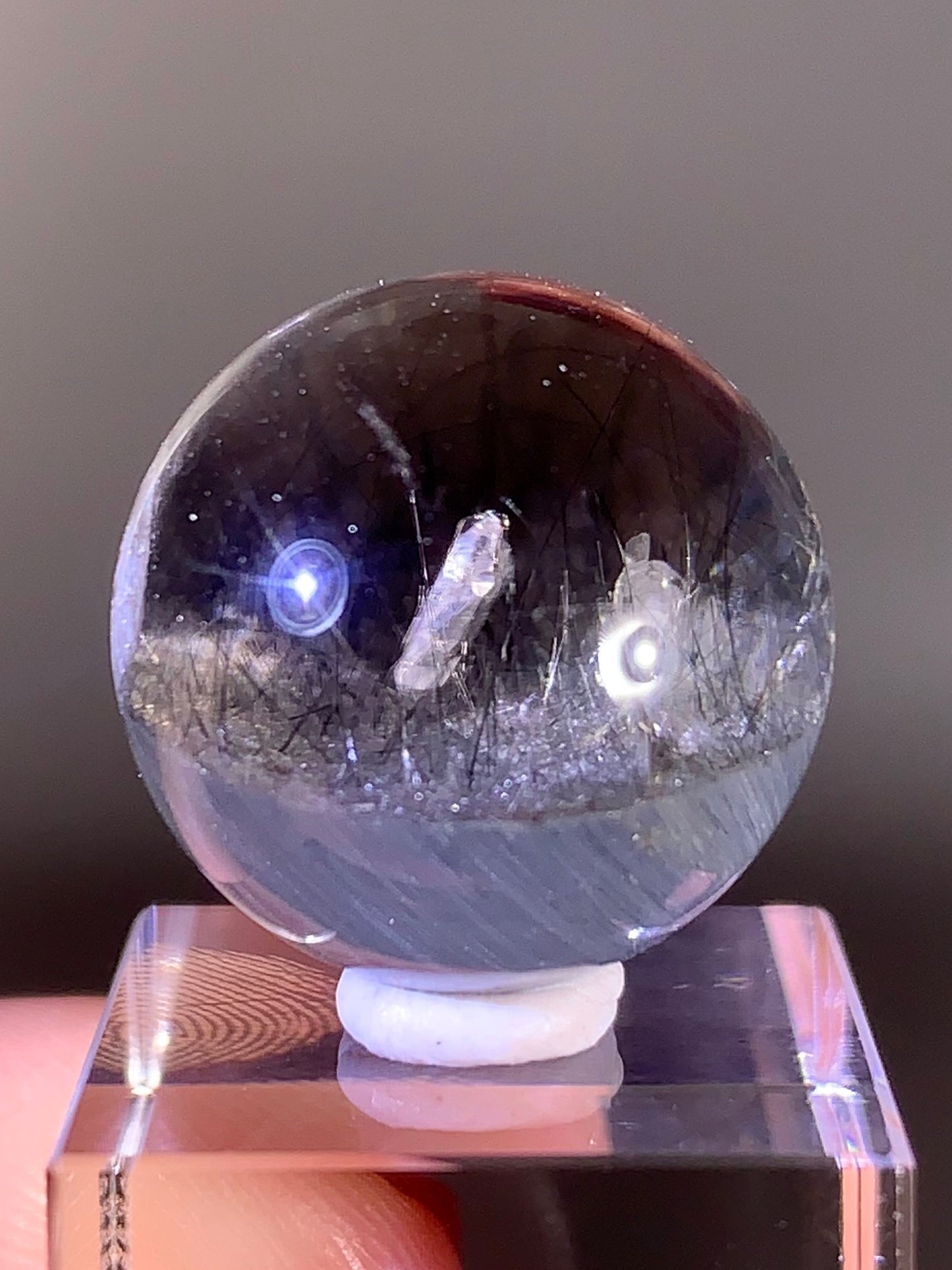 Collector’s Piece Grey Amphibole with Silver Rutile and Quartz in Quartz Manifestation Sphere from Brazil