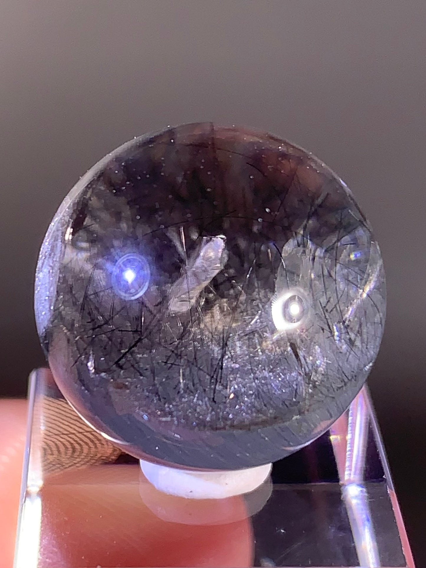 Collector’s Piece Grey Amphibole with Silver Rutile and Quartz in Quartz Manifestation Sphere from Brazil