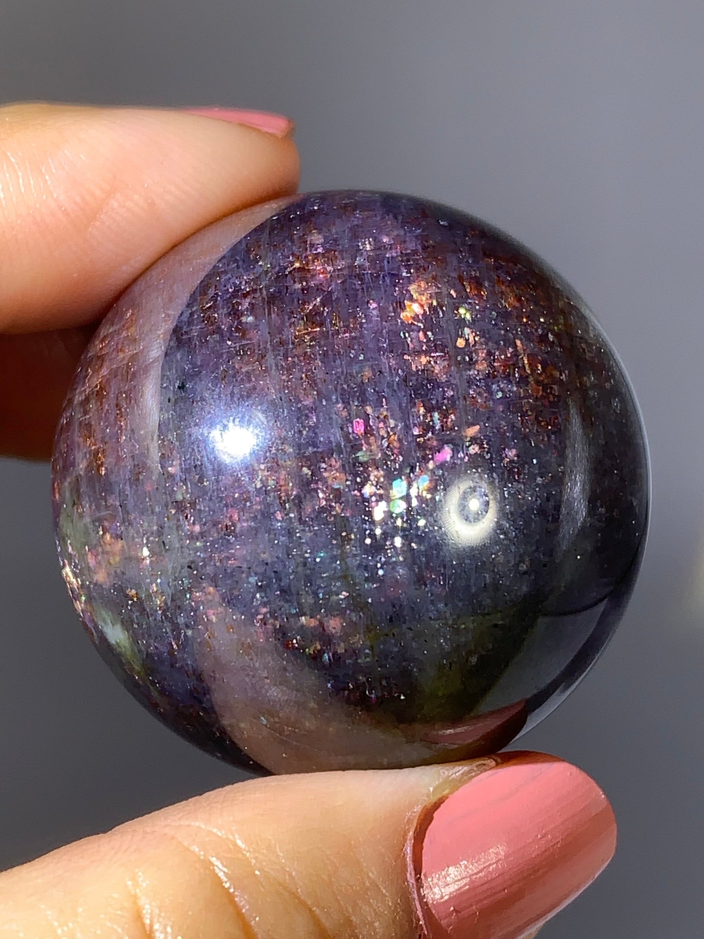 Natural High-Grade Galaxy Iolite and Sunstone Bloodshot Sphere from Tanzania