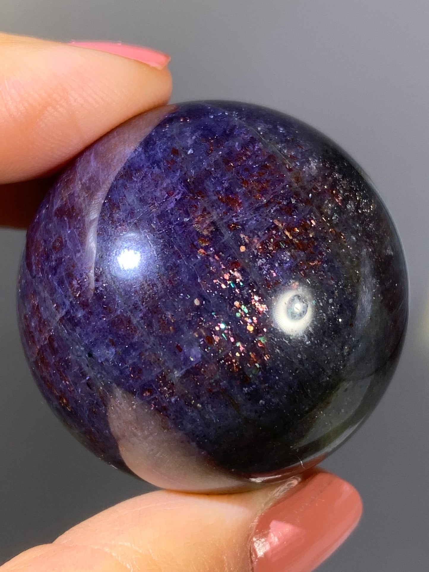 Natural High-Grade Galaxy Iolite and Sunstone Bloodshot Sphere from Tanzania