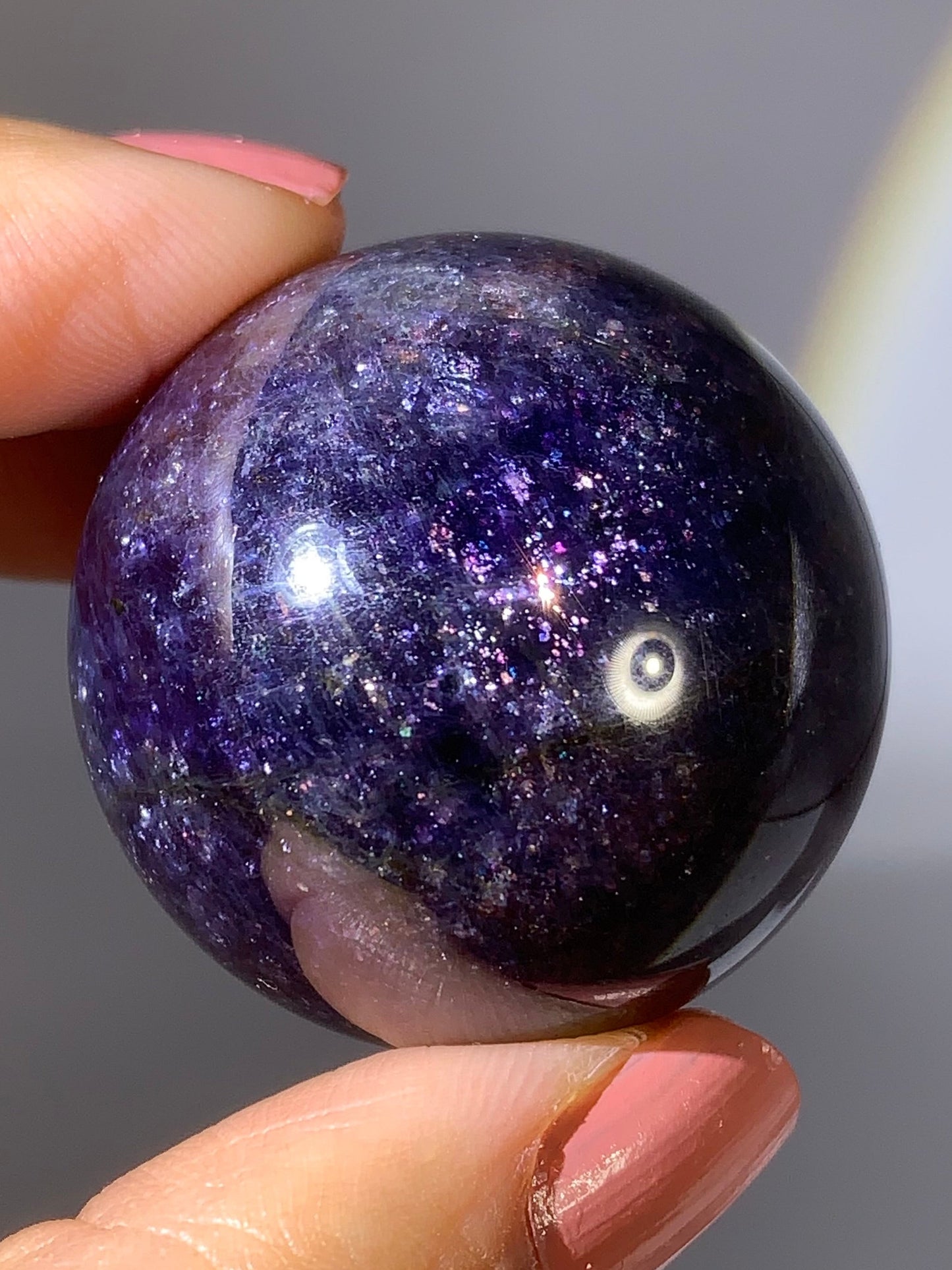 Natural High-Grade Galaxy Iolite and Sunstone Bloodshot Sphere from Tanzania
