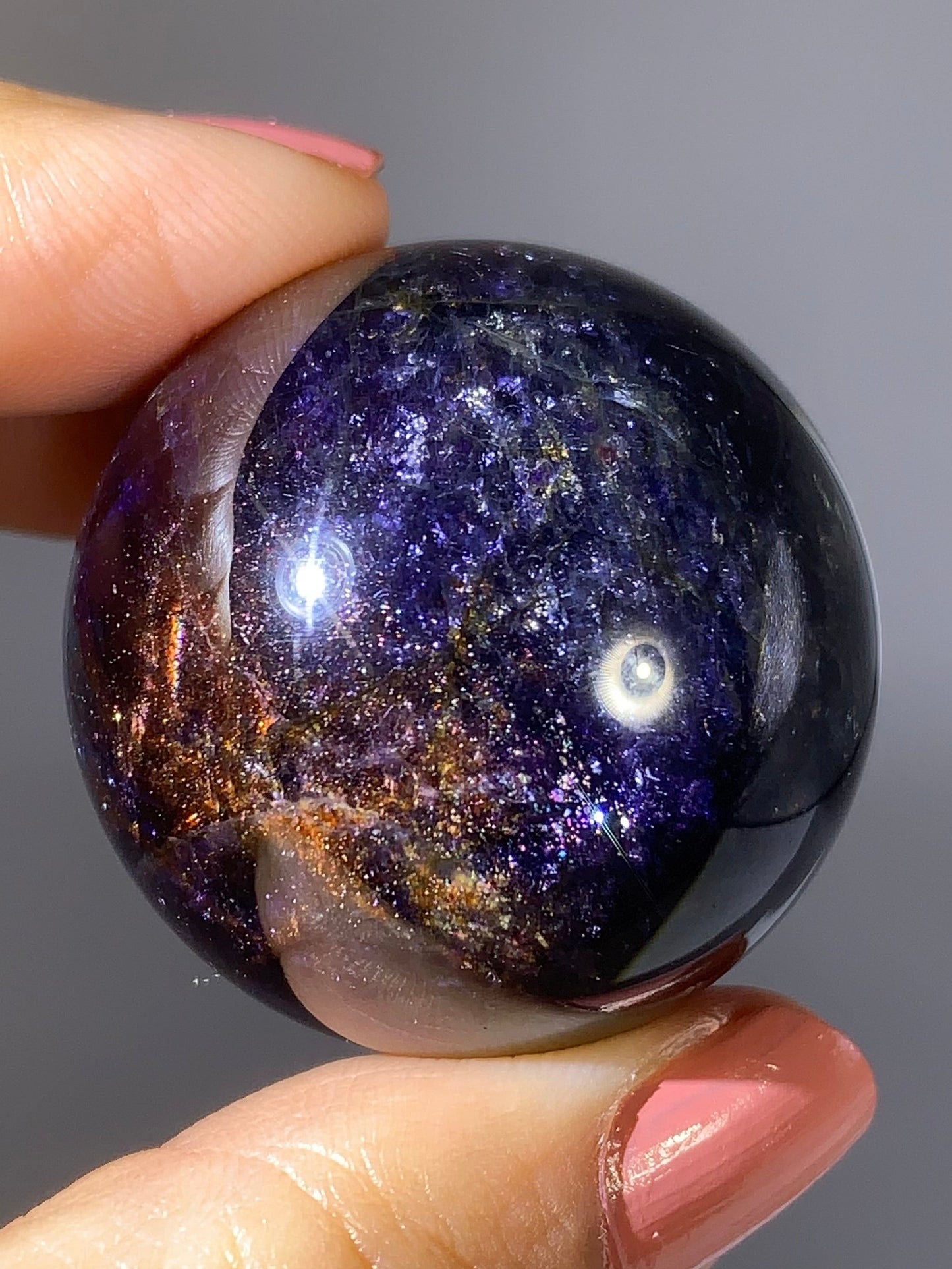 Natural High-Grade Galaxy Iolite and Sunstone Bloodshot Sphere from Tanzania