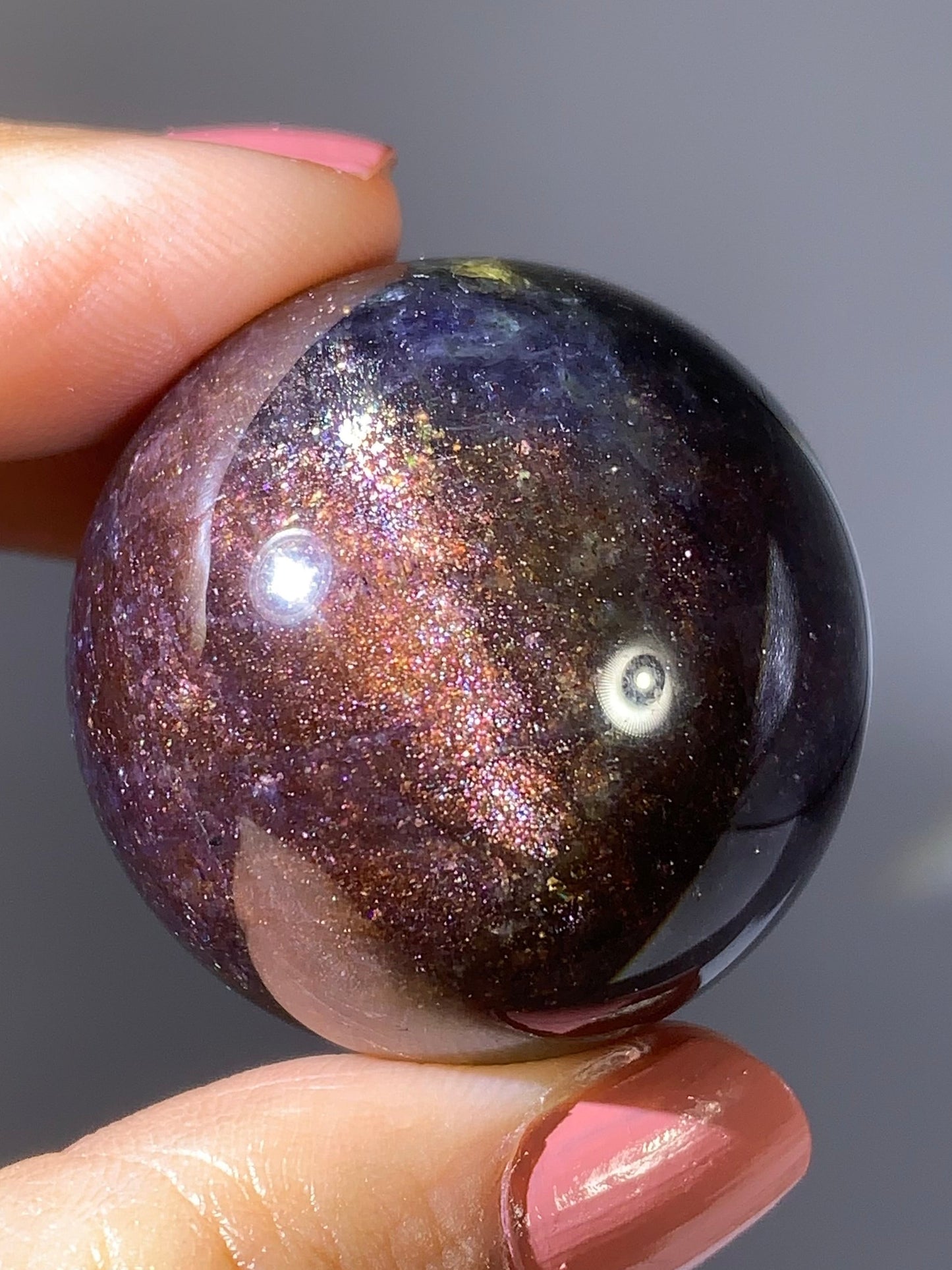 Natural High-Grade Galaxy Iolite and Sunstone Bloodshot Sphere from Tanzania