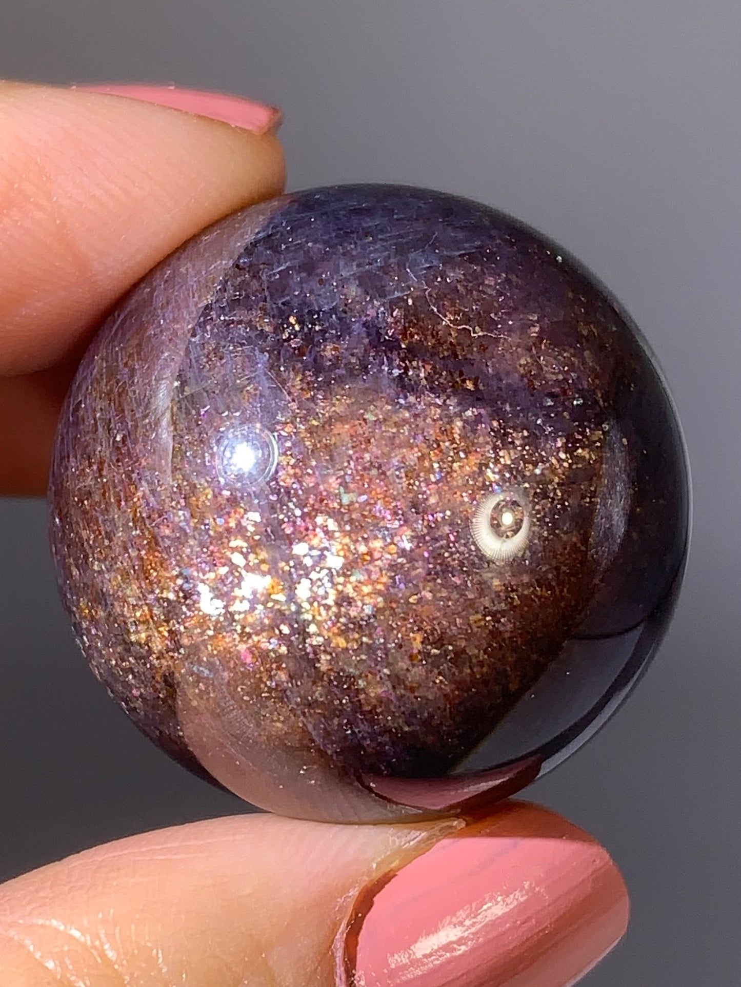 Natural High-Grade Galaxy Iolite and Sunstone Bloodshot Sphere from Tanzania