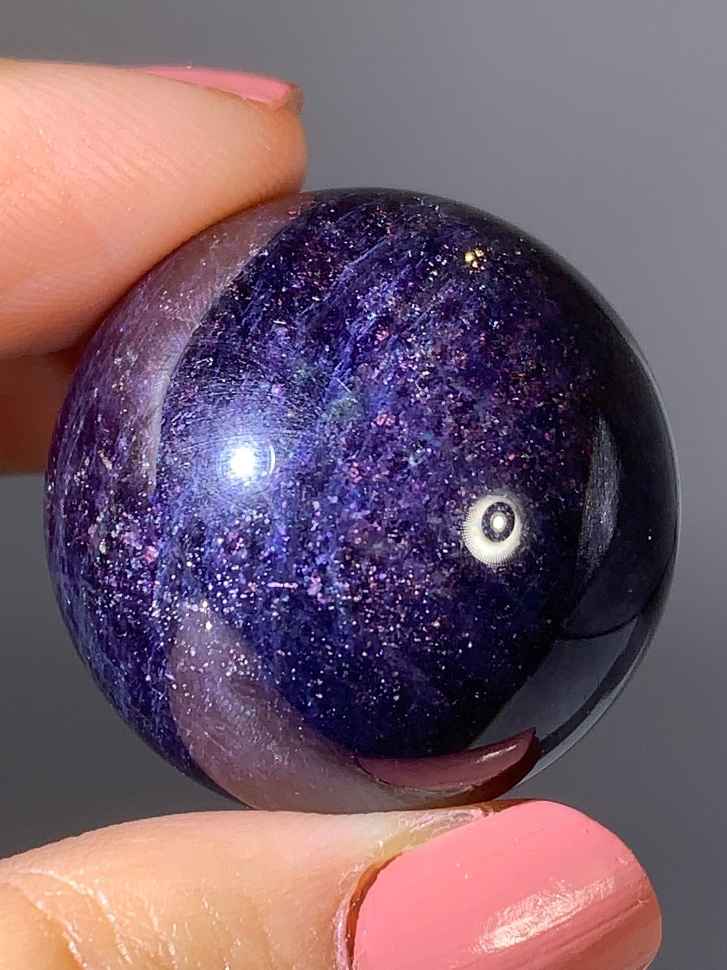 Natural High-Grade Galaxy Iolite and Sunstone Bloodshot Sphere from Tanzania