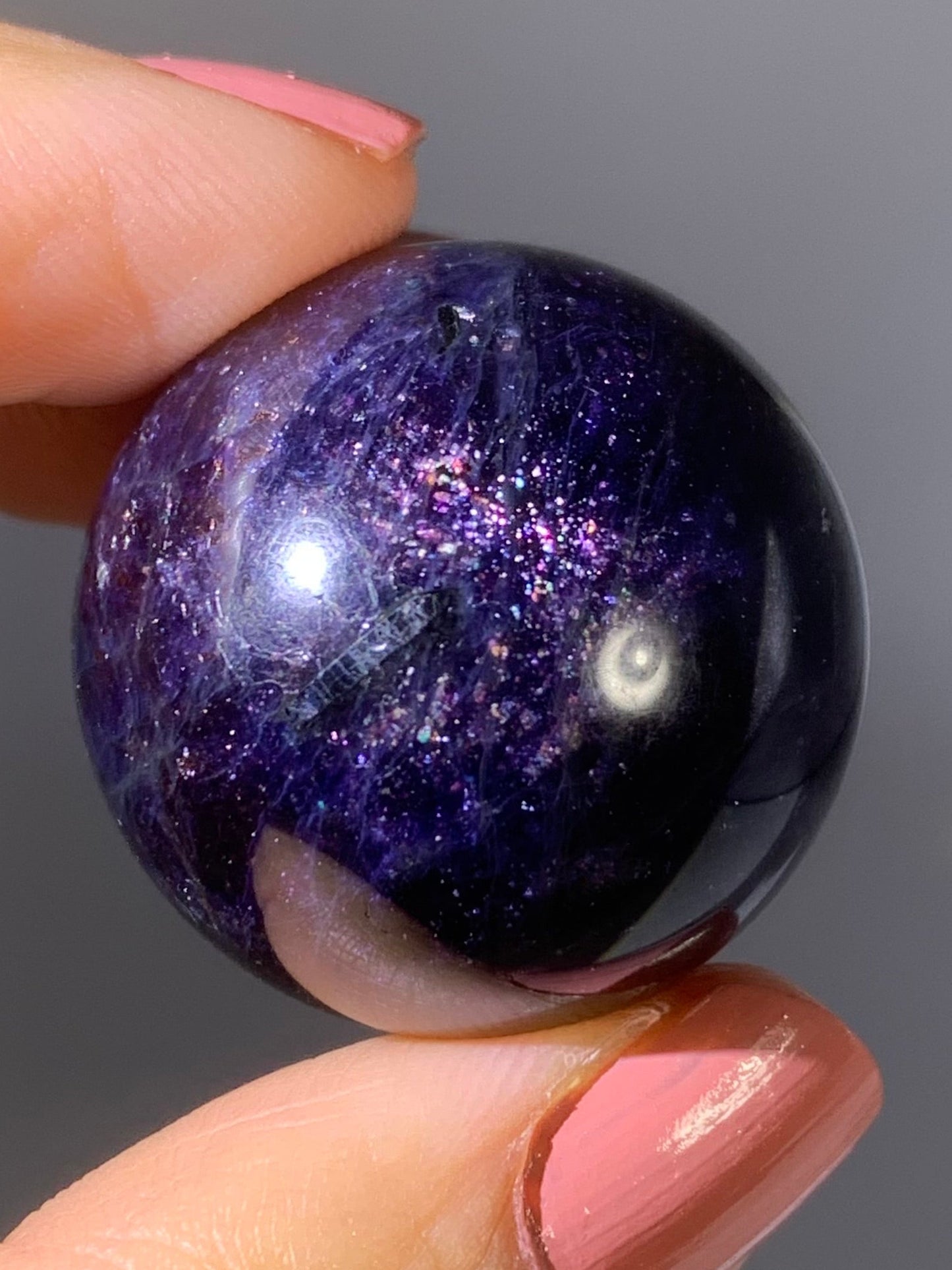 Natural High-Grade Galaxy Iolite and Sunstone Bloodshot Sphere from Tanzania