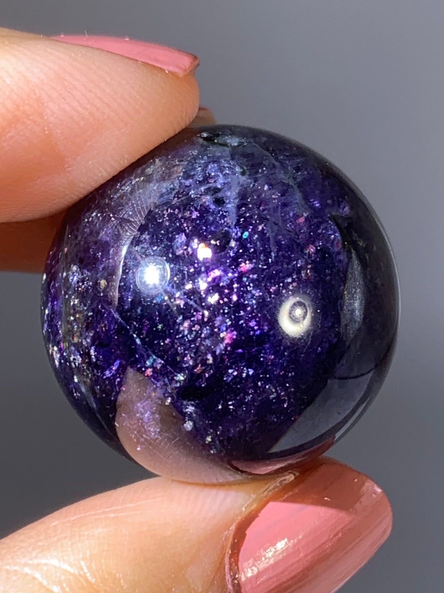 Natural High-Grade Galaxy Iolite and Sunstone Bloodshot Sphere from Tanzania