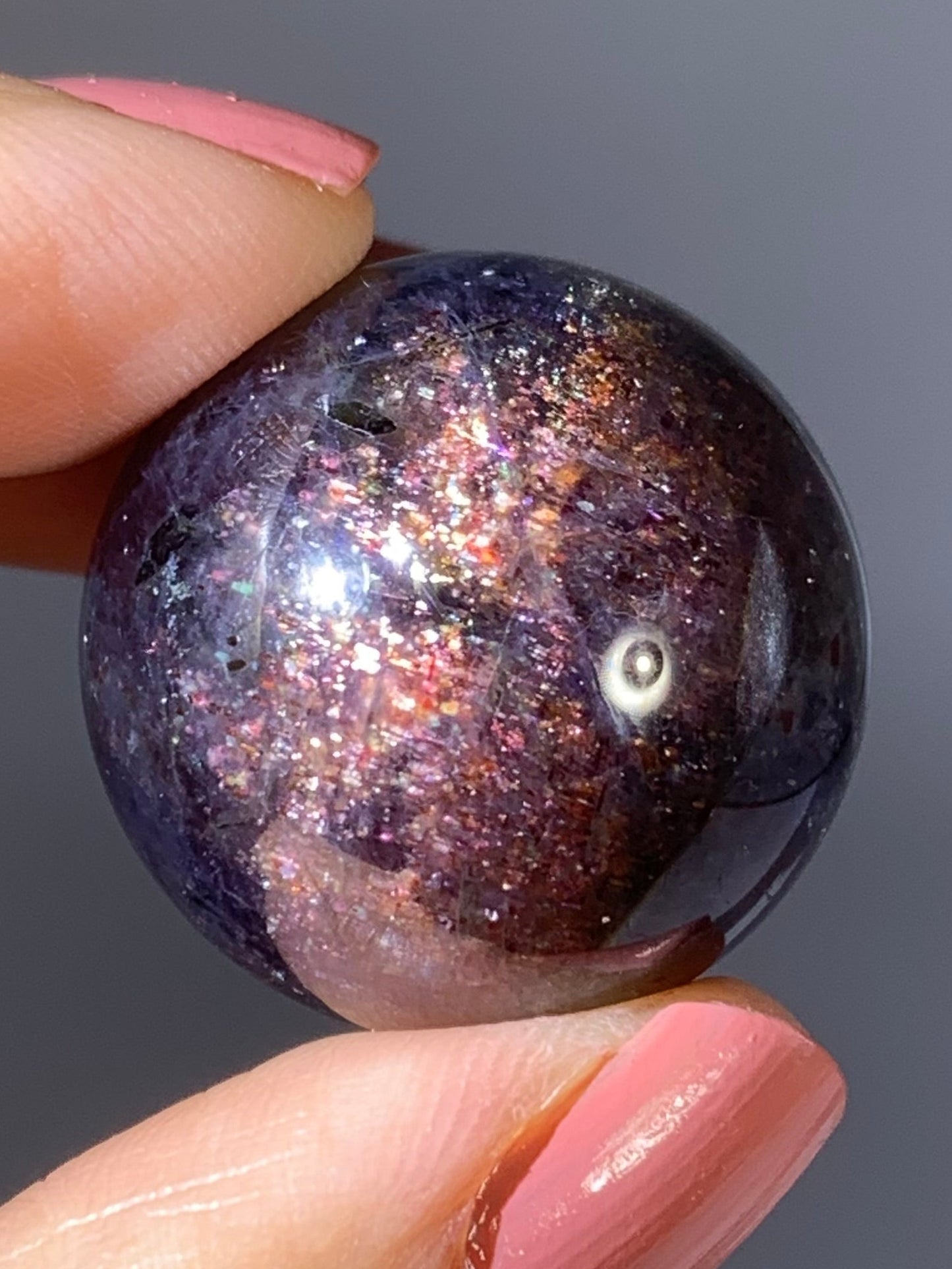 Natural High-Grade Galaxy Iolite and Sunstone Bloodshot Sphere from Tanzania
