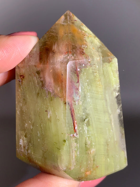 High-Quality Apple Green Layered Garden Quartz Tower with Pink Amphibole