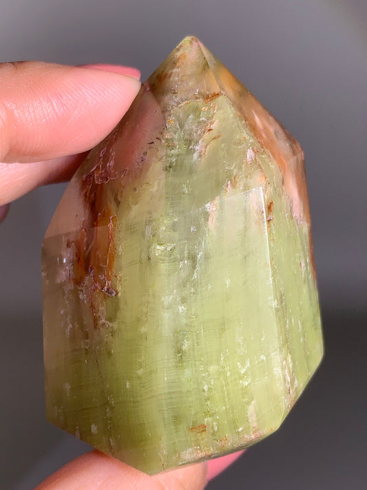 High-Quality Apple Green Layered Garden Quartz Tower with Pink Amphibole
