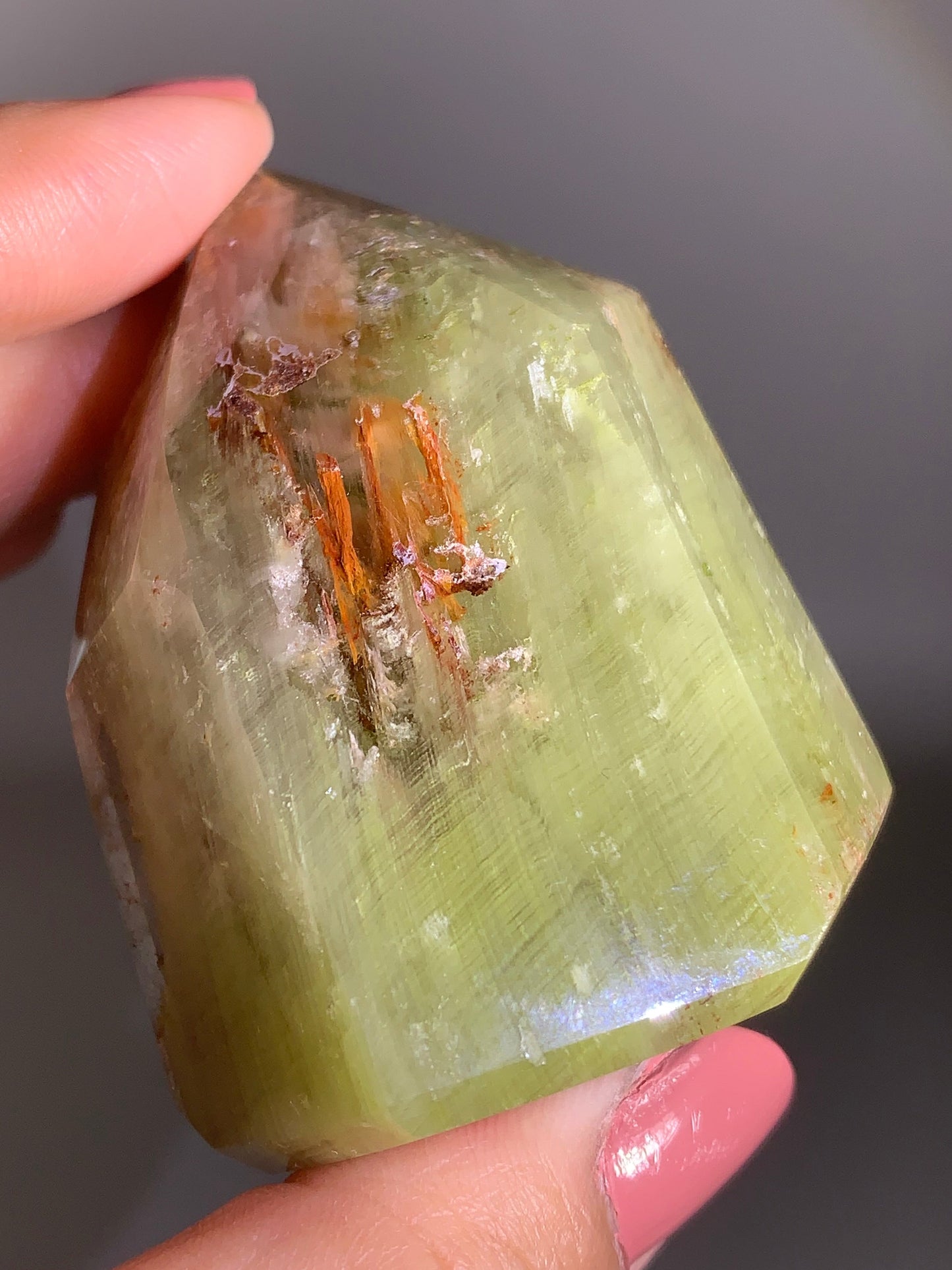 High-Quality Apple Green Layered Garden Quartz Tower with Pink Amphibole