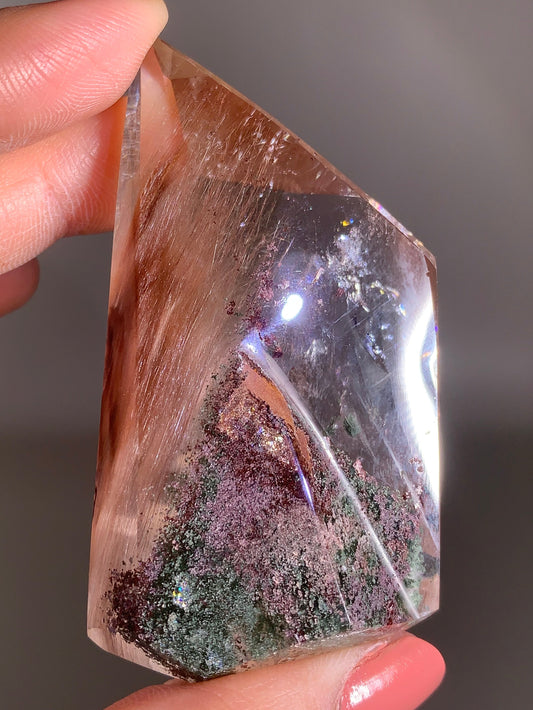 Collector’s Piece Large Pink Amphibole & Colorful Garden Quartz Tower from Brazil