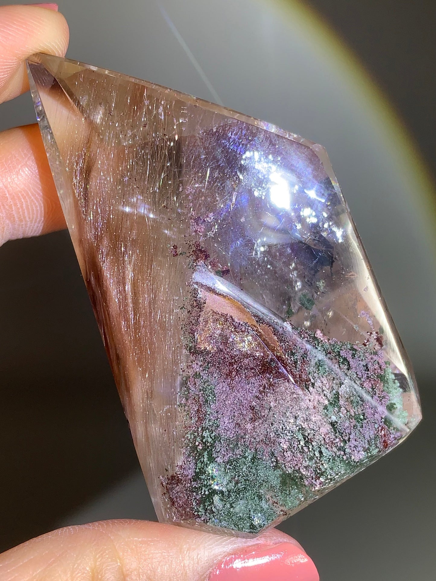 Collector’s Piece Large Pink Amphibole & Colorful Garden Quartz Tower from Brazil