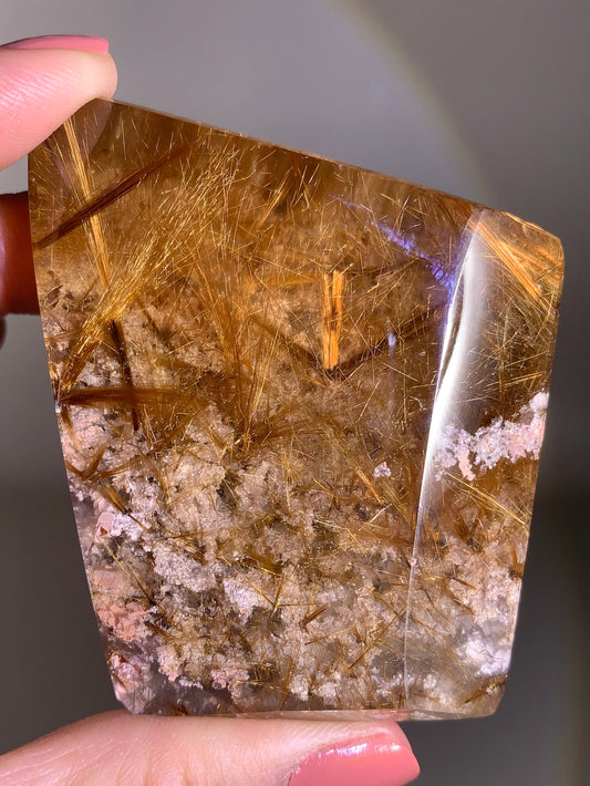 Collector’s Piece Large Gold Rutile Flower with White Garden & Purple Amphibole Quartz Tower