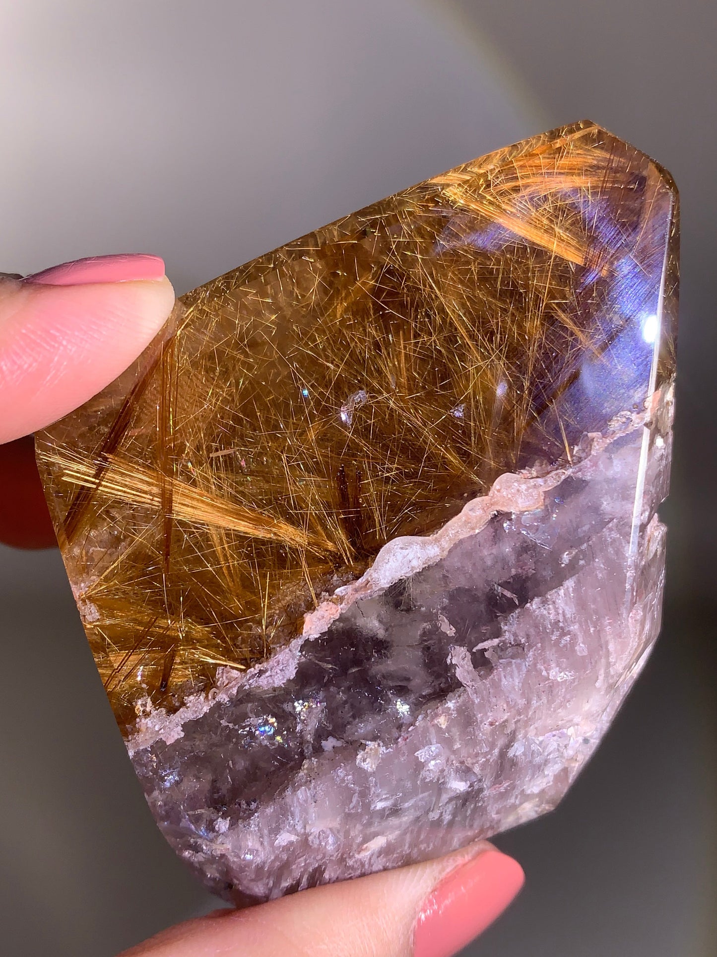 Collector’s Piece Large Gold Rutile Flower with White Garden & Purple Amphibole Quartz Tower