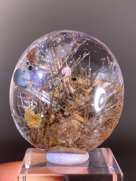 High-Quality Gold Sagenite Rutile with Shiny Hematite & Gold Mica Polished Cabochon from Brazil