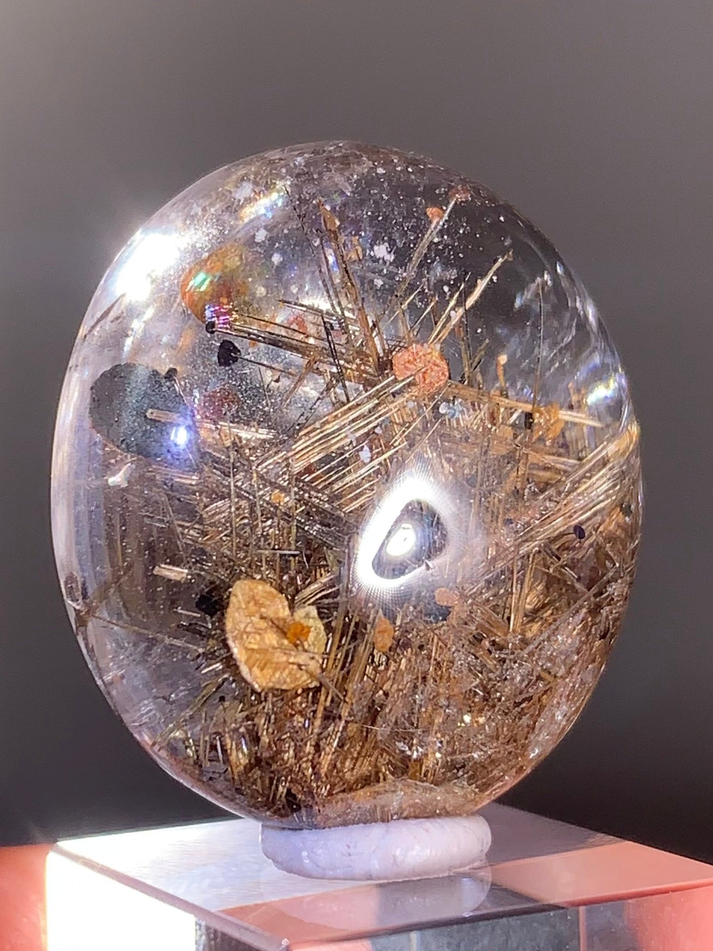 High-Quality Gold Sagenite Rutile with Shiny Hematite & Gold Mica Polished Cabochon from Brazil