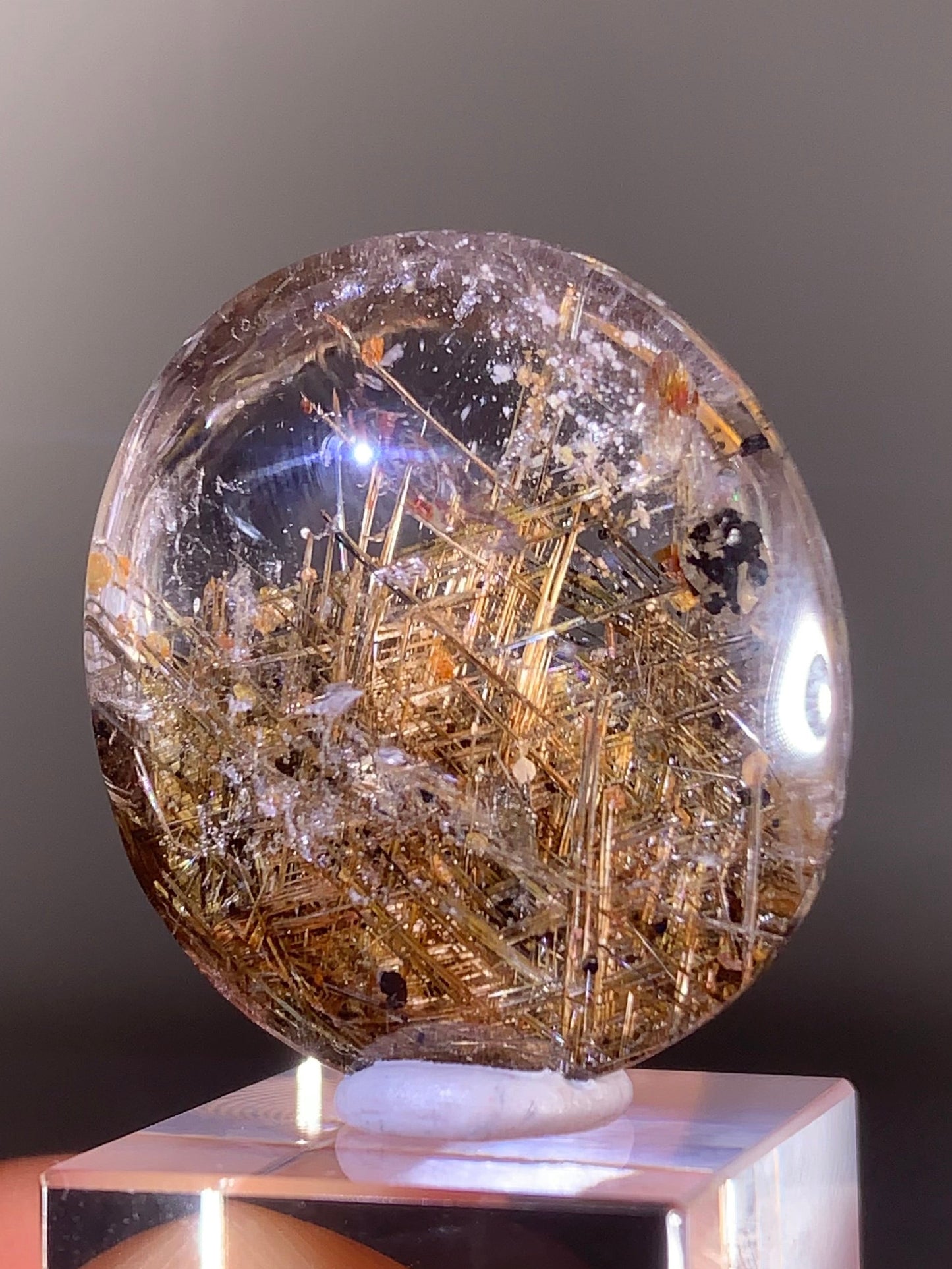 High-Quality Gold Sagenite Rutile with Shiny Hematite & Gold Mica Polished Cabochon from Brazil